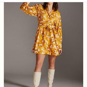 XS Anthropology Maeve mini shirt dress in gold/yellow. New without tags.